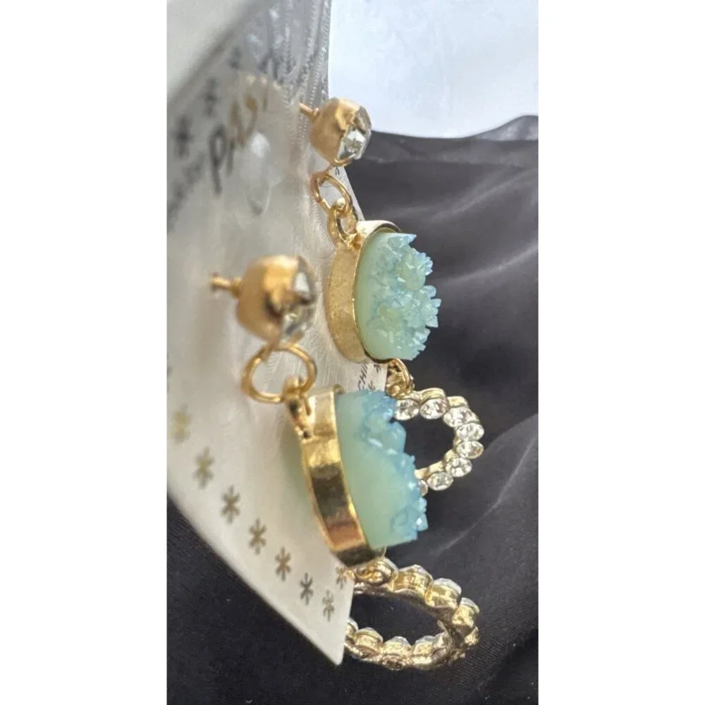 Pastel Faux Blue Green Stone Crystal Gold Rhinestone Earrings Dangle Drop NEW